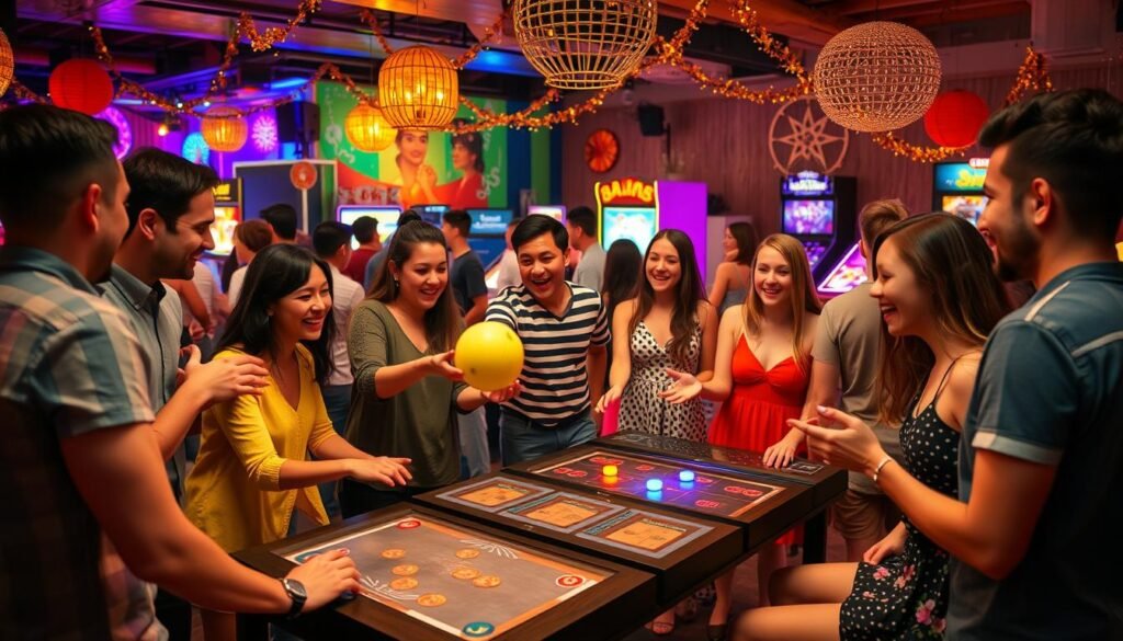 A lively, interactive party scene with a diverse group of people enthusiastically playing a variety of engaging games. In the foreground, a group gathered around a table playing a tabletop game, their faces animated with excitement. In the middle ground, friends tossing a ball back and forth, laughter and joy etched on their expressions. The background features a vibrant, colorful setting with festive decorations, a dance floor, and various interactive game stations, creating an atmosphere of energy and merriment. Warm, diffused lighting casts a cozy glow, and the camera captures the scene from a slightly elevated, wide-angle perspective to convey the sense of a bustling, immersive party environment.