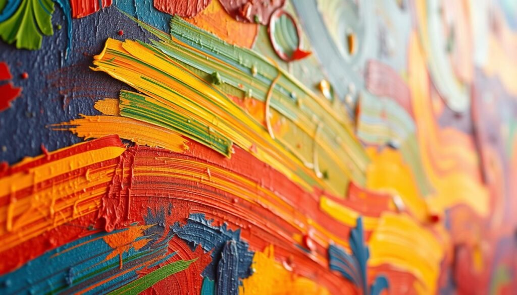 A lively, textured canvas showcasing diverse brushstroke techniques. In the foreground, bold strokes of vibrant paint create dynamic, expressive patterns. The middle ground features delicate, sweeping brushwork blending seamless color gradients. In the background, thin, feathery brushstrokes suggest depth and atmospheric, moody lighting. The overall composition captures the tactile, organic nature of painting, inviting the viewer to appreciate the artistic process. Warm, natural lighting illuminates the canvas, highlighting the rich, dimensional quality of the brushwork. Captured with a shallow depth of field to emphasize the painterly focus.