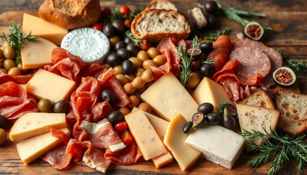 A lush, artful arrangement of various cheeses, cured meats, and accoutrements, captured in natural light. In the foreground, a selection of aged cheddar, brie, and gouda nestled among slices of prosciutto, salami, and chorizo. The middle ground features an array of olives, pickled vegetables, and crusty bread. The background showcases a rustic wooden surface with a scattering of fresh herbs, dried figs, and a delicate sprig of rosemary. The overall composition is balanced, inviting, and evocative of an indulgent grazing table, perfectly suited to illustrate the essential components of a memorable spread. A lush, artful arrangement of various cheeses, cured meats, and accoutrements, captured in natural light. In the foreground, a selection of aged cheddar, brie, and gouda nestled among slices of prosciutto, salami, and chorizo. The middle ground features an array of olives, pickled vegetables, and crusty bread. The background showcases a rustic wooden surface with a scattering of fresh herbs, dried figs, and a delicate sprig of rosemary. The overall composition is balanced, inviting, and evocative of an indulgent grazing table, perfectly suited to illustrate the essential components of a memorable spread.