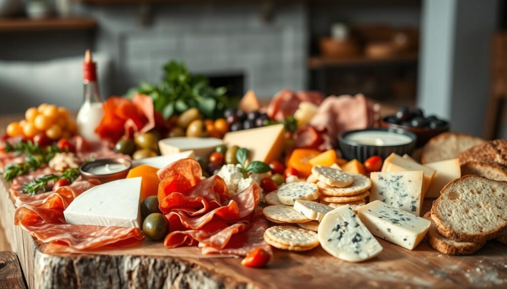 A lush, artisanal spread of premium charcuterie and cheese ingredients, bathed in soft, natural lighting and arranged with care on a rustic wooden surface. In the foreground, an assortment of cured meats, including prosciutto, salami, and chorizo, nestled alongside wedges of creamy brie, sharp cheddar, and crumbly blue cheese. The middle ground features a variety of accompaniments, such as olives, pickled vegetables, crackers, and artisanal bread slices. The background is a blurred, cozy environment, hinting at the inviting atmosphere of a brunch grazing table. The overall composition evokes a sense of abundance, quality, and effortless sophistication.