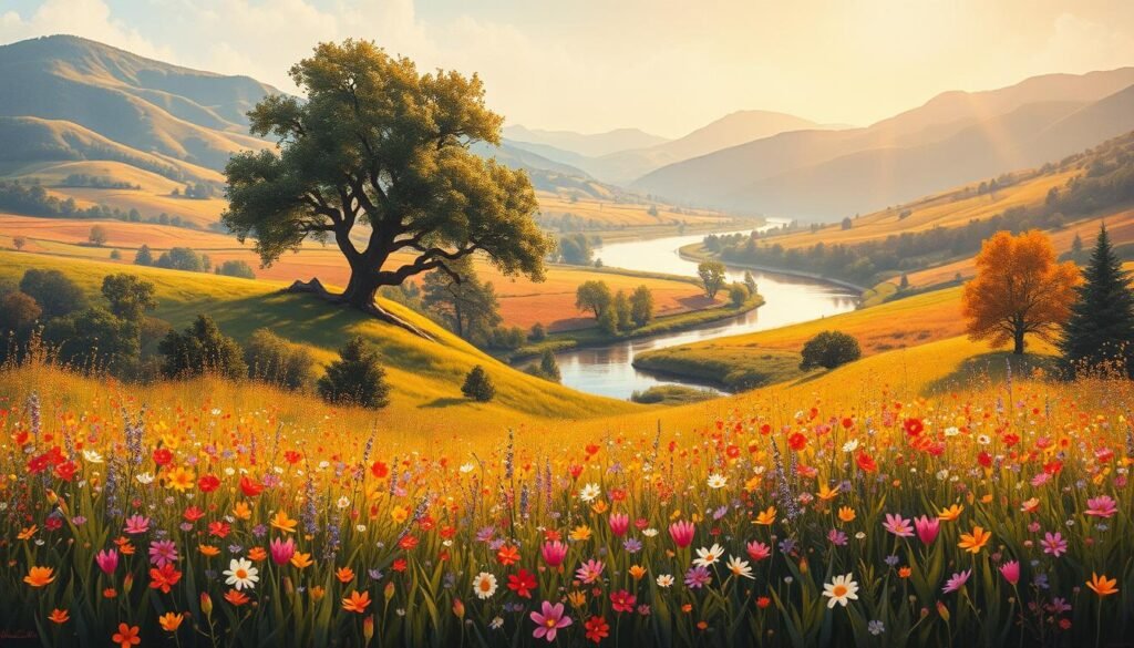 A lush, expansive landscape painting, showcasing the techniques used to capture the beauty of nature. In the foreground, a vibrant meadow bursting with colorful wildflowers, their petals swaying gently in a soft breeze. In the middle ground, a meandering river reflects the dappled sunlight, its banks lined with majestic oak trees. In the background, rolling hills rise up, their slopes blanketed in a mosaic of verdant greens and autumnal hues. The scene is bathed in a warm, golden glow, creating a sense of tranquility and serenity. The brushstrokes are bold and expressive, blending seamlessly to create a sense of depth and dimension. The overall composition is harmonious and balanced, drawing the viewer's eye through the layers of the painting.