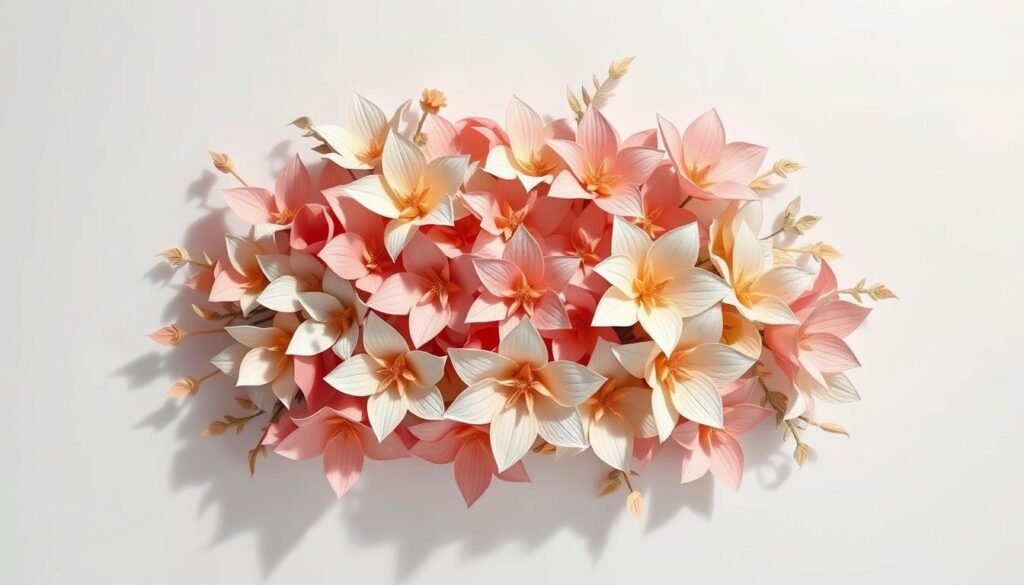 A lush, intricate paper floral arrangement, meticulously crafted with delicate origami-inspired petals in a variety of soft, natural hues. The flowers bloom against a clean, minimalist background, casting gentle shadows that add depth and dimensionality. Crisp, even lighting illuminates the tactile textures and subtle gradients of the paper, creating a sense of elegance and sophistication. The composition is balanced and harmonious, inviting the viewer to appreciate the artistry and craftsmanship of this whimsical, yet refined, paper-based floral design.