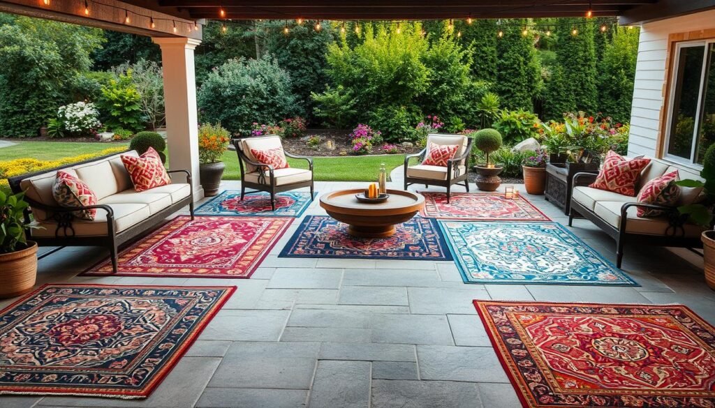 A lush outdoor patio adorned with a stunning array of outdoor rugs, showcasing intricate patterns and vibrant hues. The rugs are strategically placed to define distinct seating areas, creating a cohesive and inviting ambiance. Soft, diffused lighting illuminates the scene, casting a warm glow and highlighting the textural details of the rugs. The background features a beautifully landscaped garden, with verdant foliage and blooming flowers adding a natural, serene element. The overall composition exudes a sense of relaxation and effortless elegance, perfectly complementing the "Elevating Design with Outdoor Rugs and Accessories" theme. A lush outdoor patio adorned with a stunning array of outdoor rugs, showcasing intricate patterns and vibrant hues. The rugs are strategically placed to define distinct seating areas, creating a cohesive and inviting ambiance. Soft, diffused lighting illuminates the scene, casting a warm glow and highlighting the textural details of the rugs. The background features a beautifully landscaped garden, with verdant foliage and blooming flowers adding a natural, serene element. The overall composition exudes a sense of relaxation and effortless elegance, perfectly complementing the "Elevating Design with Outdoor Rugs and Accessories" theme.