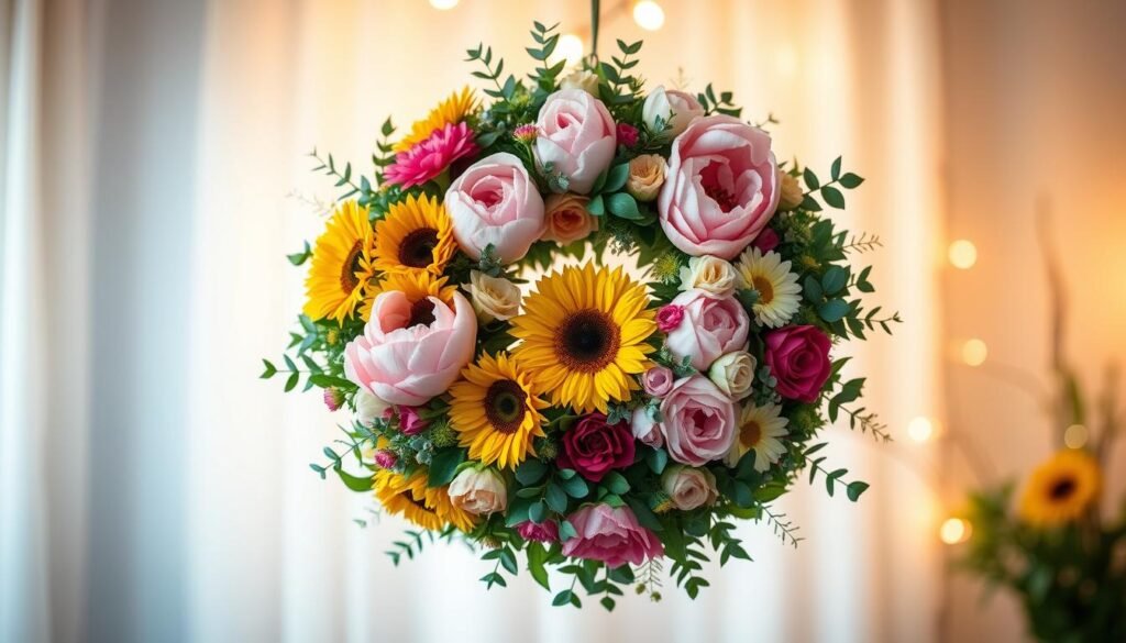 A lush, seasonal floral wreath adorns the center of the frame, its vibrant petals and leaves arranged in a harmonious composition. The wreath features a variety of blooms, including delicate peonies, cheerful sunflowers, and fragrant eucalyptus, all perfectly balanced to create a stunning visual display. Soft, warm lighting bathes the scene, casting a gentle glow and highlighting the intricate textures of the flowers. The wreath is positioned against a blurred, ethereal background, allowing the viewer's focus to remain on the captivating floral centerpiece. This image perfectly captures the essence of a handcrafted, visually striking floral wreath that can be crafted and enjoyed throughout the year.