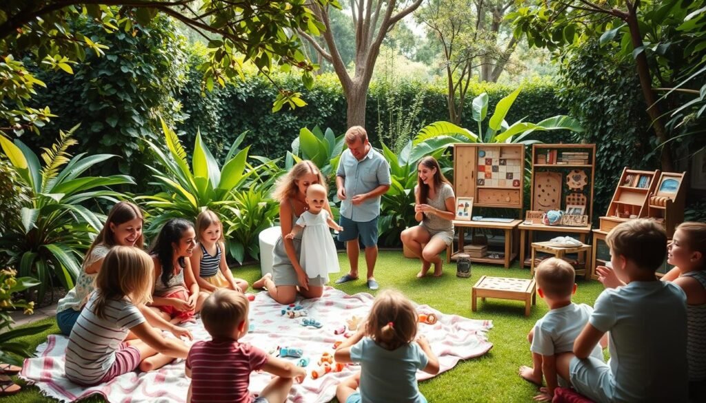 A lush, verdant garden setting with a warm, natural light illuminating a group of adults and children playfully engaged in various interactive baby shower games. In the foreground, a circle of guests gathered around a large blanket, playing a tactile, sensory-based guessing game involving different textures and scents. In the middle ground, a pair of guests competing in a friendly race to dress a doll in miniature baby clothes. In the background, a display of handmade wooden toys and classic board games, inviting further exploration and friendly competition. The atmosphere is one of joyful camaraderie, laughter, and a sense of community fostered through playful, hands-on activities.