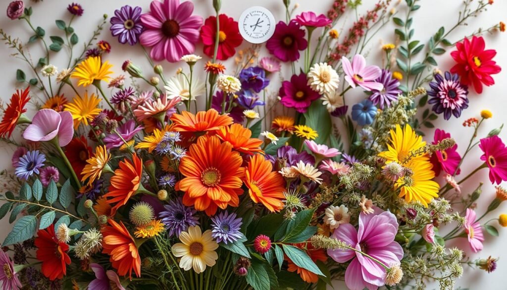 A lush, vibrant display of pressed flower arrangements, showcasing a diverse array of delicate blooms carefully curated and artfully composed. The foreground features a captivating focal point, a stunning bouquet of vibrant hues and intricate textures, arranged with a harmonious balance. The middle ground introduces complementary elements, such as intricate leaf patterns and delicate tendrils, creating a sense of depth and visual interest. The background sets a soft, ethereal mood, with a warm, diffused lighting that enhances the natural beauty of the flowers. The overall scene evokes a sense of tranquility and artistic elegance, perfectly suited to inspire creativity and showcase the beauty of pressed flower art.