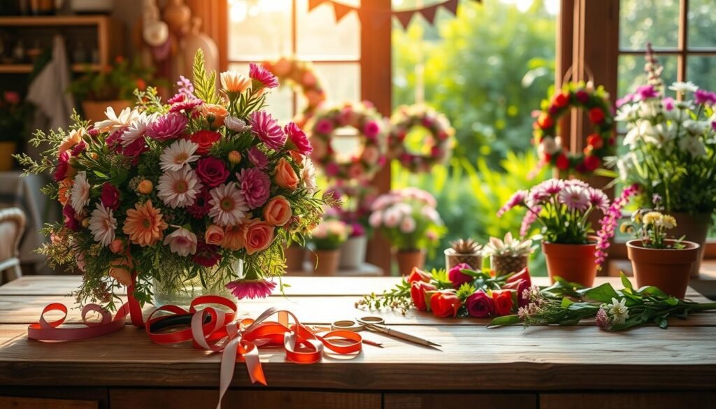 A lush, vibrant floral arrangement graces a rustic wooden table, its delicate petals catching the soft, warm light filtering through an airy, sun-dappled window. In the foreground, an assortment of crafting supplies - scissors, ribbons, and an array of colorful blooms - invites the viewer to explore the artful possibilities of floral design. The middle ground features a collection of handcrafted floral wreaths, garlands, and potted plants, showcasing the diverse range of floral-inspired projects. In the background, a verdant garden scene, lush with greenery and bursting with flowers, creates a serene and inspiring setting for this artistic endeavor. The overall mood is one of natural beauty, creativity, and a sense of tranquility.