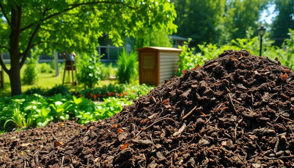 A lush, well-aerated compost pile in a tranquil garden setting. The foreground shows a cross-section of the compost, with visible layers of organic matter and a network of air pockets. Sunlight filters through the canopy of verdant foliage in the middle ground, casting a warm, natural glow. In the background, a wooden compost bin stands amid a bed of thriving plants, hinting at the cycle of nutrient-rich soil replenishment. The scene conveys a sense of balance and harmony, where efficient moisture management and ample airflow support the decomposition process. Captured with a wide-angle lens and natural lighting to emphasize the depth and texture of the compost.
