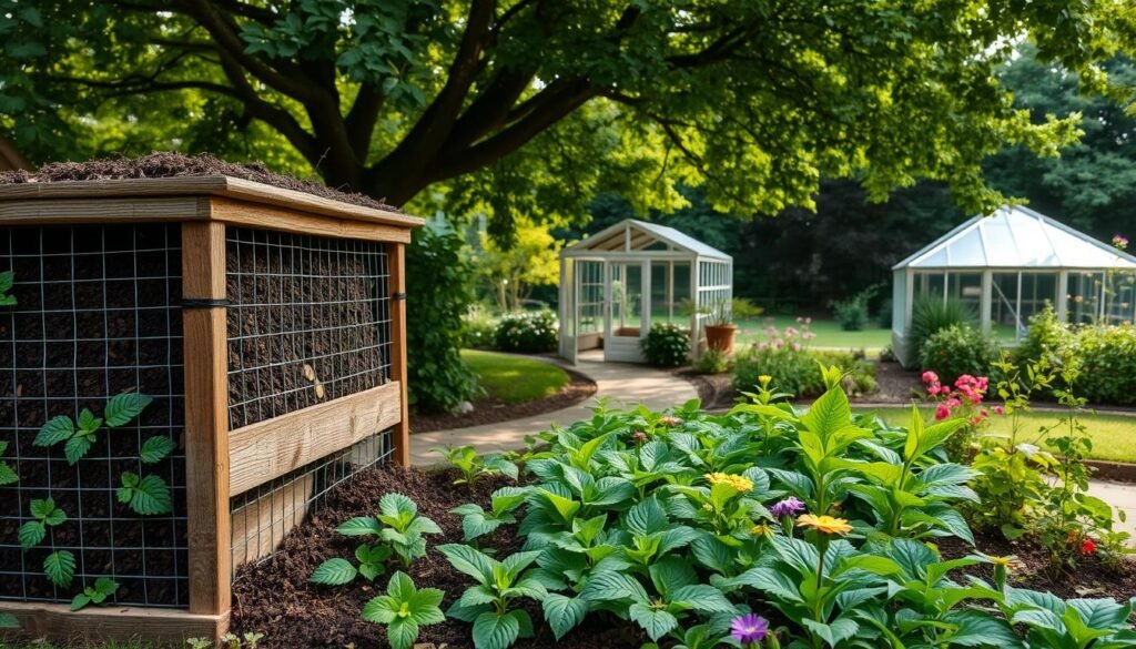 A lush, well-tended compost garden nestled in a peaceful backyard setting. In the foreground, a neatly arranged compost bin made of weathered wood and wire mesh, its contents gradually decomposing into rich, dark humus. Surrounding the bin, a thriving bed of leafy green plants and vibrant flowers, their roots drawing nourishment from the nutrient-dense soil. In the middle ground, a winding garden path leads the viewer's eye towards a tranquil greenhouse, its glass panels glinting in the soft, diffused sunlight. In the background, a verdant canopy of mature trees sways gently, casting dappled shadows across the scene. The overall atmosphere is one of harmony, sustainability, and the cyclical nature of life.