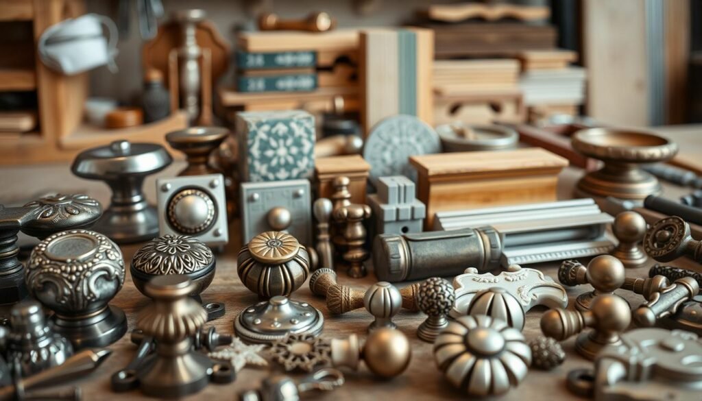 A meticulously crafted, well-lit close-up photograph of an array of custom hardware upgrades for a home decor project. In the foreground, an assortment of decorative knobs, pulls, and hinges in various metallic finishes and intricate designs. In the middle ground, a collection of custom-painted wooden blocks, dowels, and decorative moldings, showcasing unique patterns and textures. In the background, a soft, blurred view of a well-organized workbench, hinting at the creative process behind the personalized touches. The overall mood is one of artisanal craftsmanship and attention to detail, inviting the viewer to imagine the possibilities of transforming store-bought decor into a truly personalized space.