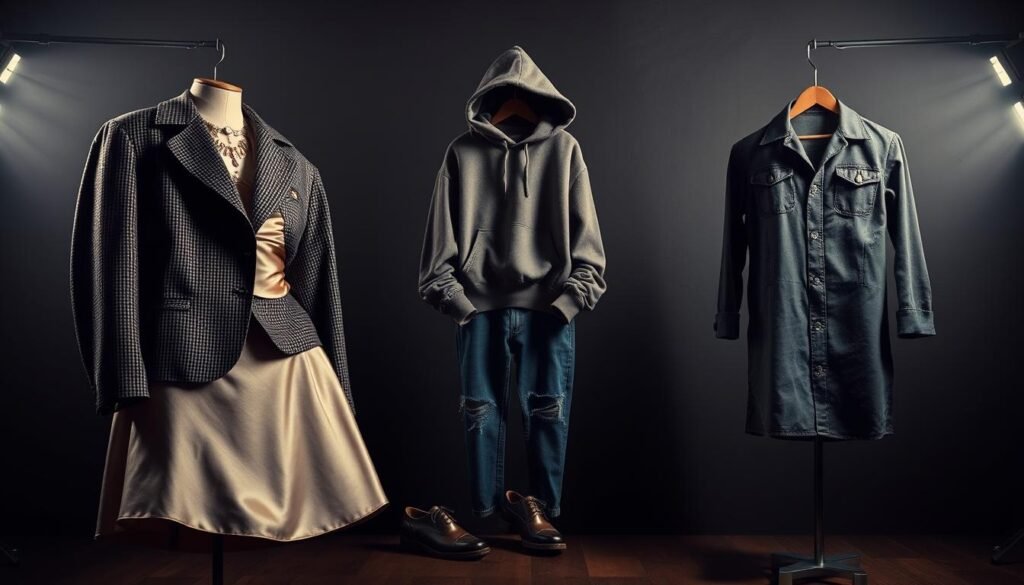 A meticulously detailed scene showcasing the stark contrast between authentic vintage fashion and fast fashion. In the foreground, vintage garments - a tailored tweed jacket, a satin evening gown, and a pair of leather oxfords - exude timeless elegance and quality craftsmanship. In the middle ground, mass-produced fast fashion items - a trendy oversized hoodie, distressed denim, and cheap synthetic shoes - represent the ephemeral and disposable nature of modern consumerism. The background features a timeless, dimly lit studio setting with moody lighting, casting dramatic shadows and highlighting the textures and materials of the clothing. The overall mood is one of juxtaposition, inviting the viewer to appreciate the value and artistry of authentic vintage fashion over the fleeting trends of fast fashion. A meticulously detailed scene showcasing the stark contrast between authentic vintage fashion and fast fashion. In the foreground, vintage garments - a tailored tweed jacket, a satin evening gown, and a pair of leather oxfords - exude timeless elegance and quality craftsmanship. In the middle ground, mass-produced fast fashion items - a trendy oversized hoodie, distressed denim, and cheap synthetic shoes - represent the ephemeral and disposable nature of modern consumerism. The background features a timeless, dimly lit studio setting with moody lighting, casting dramatic shadows and highlighting the textures and materials of the clothing. The overall mood is one of juxtaposition, inviting the viewer to appreciate the value and artistry of authentic vintage fashion over the fleeting trends of fast fashion.