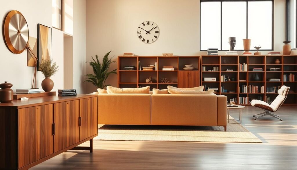 A mid-century modern interior, bathed in warm, diffused light from large windows. In the foreground, a sleek, teak credenza with clean, geometric lines and brass accents. On the walls, an abstract art piece in muted hues and a vintage wall clock with a brushed aluminum frame. The middle ground features a plush, low-profile sofa upholstered in a soft, earthy tone, flanked by a pair of iconic Eames-style lounge chairs. In the background, a tall, minimalist bookshelf showcases a collection of vintage design books and sculptures. The overall atmosphere evokes a sense of timeless sophistication and a reverence for the design aesthetic of the 1950s and 1960s.