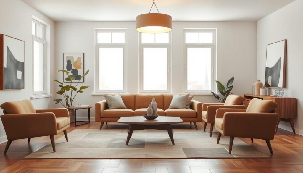 A mid-century modern living room with a sleek, minimalist design. The room features a low-profile sofa upholstered in a warm, neutral tone, complemented by a pair of vintage-inspired armchairs in a complementary hue. A wooden coffee table with tapered legs anchors the space, and a geometric area rug in muted tones grounds the arrangement. The walls are adorned with abstract art pieces in a minimalist style, and a statement pendant light fixture casts a warm, ambient glow over the scene. Large windows allow natural light to flood the room, creating a bright and airy atmosphere. The overall aesthetic is a harmonious blend of clean lines, natural materials, and a touch of retro-inspired charm.
