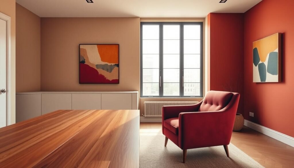 A modern color palette featuring a harmonious blend of earthy tones and bold pops of color. The foreground showcases a sleek, minimalist desk with a warm wood finish, complemented by a plush, jewel-toned armchair. In the middle ground, a large window floods the space with natural light, casting a soft, diffused glow. The background features a minimalist gallery wall, showcasing an abstract art piece with a complementary color scheme. The overall mood is one of sophistication, tranquility, and a touch of luxury, perfectly capturing the essence of a modern, mid-century inspired office design.