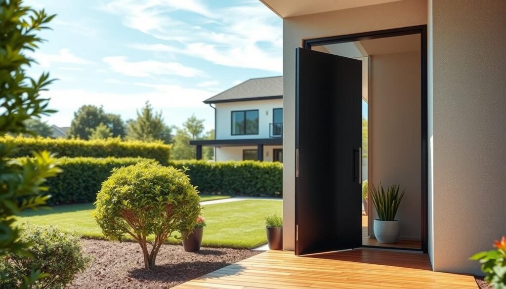 A modern front door with a sleek, minimalist design stands in the foreground, flanked by potted plants and a lush, manicured shrub. The door's matte black finish contrasts beautifully with the warm, natural tones of the wooden porch. Soft, directional lighting casts subtle shadows, creating a welcoming and inviting atmosphere. In the middle ground, a well-maintained lawn and neatly trimmed hedges frame the scene, leading the eye towards a contemporary, two-story house with clean lines and large windows. The background features a clear, blue sky with wispy clouds, conveying a sense of tranquility and a fresh, refreshing vibe.