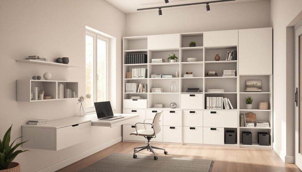 A modern, minimalist home office with sleek, innovative storage solutions. In the foreground, a floating wall-mounted desk with integrated shelves and drawers, optimizing limited space. In the middle ground, a modular bookshelf system with adjustable compartments for books, files, and decor. The background features a window with abundant natural light, casting a warm, productive glow over the scene. The overall atmosphere is one of clean, efficient design, inspiring focus and organization. Shot with a wide-angle lens to capture the full layout, the image showcases a harmonious blend of form and function.