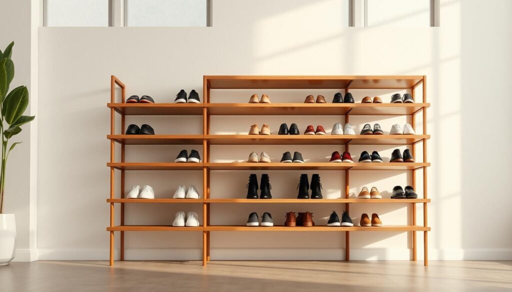 A modern, minimalist shoe rack showcased in a well-lit, airy room with large windows. The sleek, wooden rack features multiple tiers and a minimalist design, perfectly complementing the contemporary decor. The rack is placed against a neutral-toned wall, creating a clean, uncluttered aesthetic. Soft, diffused lighting illuminates the arrangement, highlighting the natural texture and grain of the wood. The room has a sense of order and tranquility, with the shoe rack serving as a functional and visually appealing storage solution.