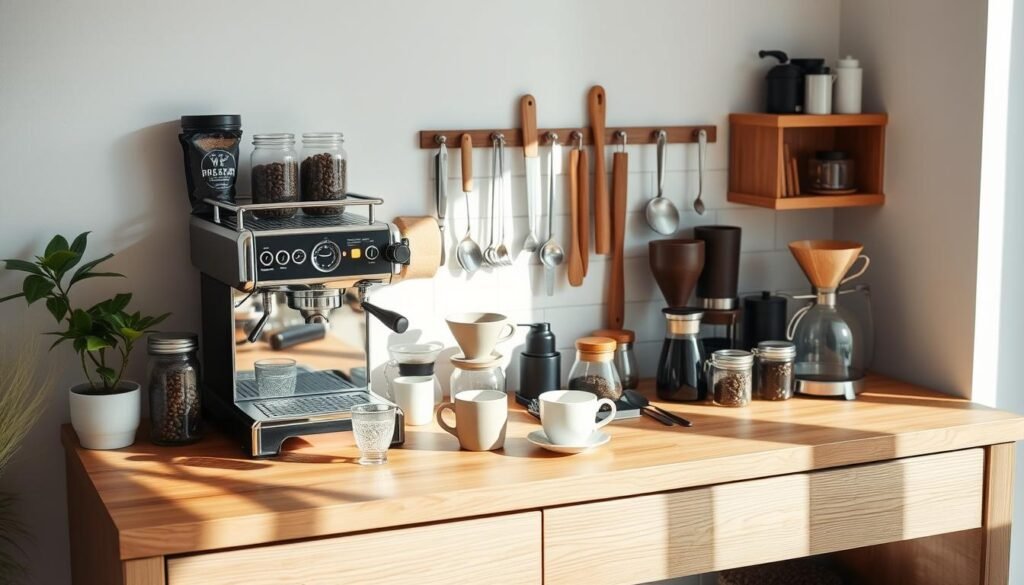 A neatly arranged coffee station with a sleek wooden countertop, featuring an array of artisanal coffee-making equipment. In the foreground, a vintage-style espresso machine stands proudly, its chrome finish gleaming under warm, natural lighting. Surrounding it, a selection of premium coffee beans in glass jars, a hand-crafted ceramic mug, and a small potted plant add a touch of organic elegance. In the middle ground, a well-organized display of coffee-related accessories, such as a milk frother, a pour-over dripper, and a selection of wooden-handled tools, creates a visually appealing and functional layout. The background showcases a minimalist, white-walled environment, allowing the coffee station to be the focal point and emphasizing its practical yet aesthetically pleasing design.