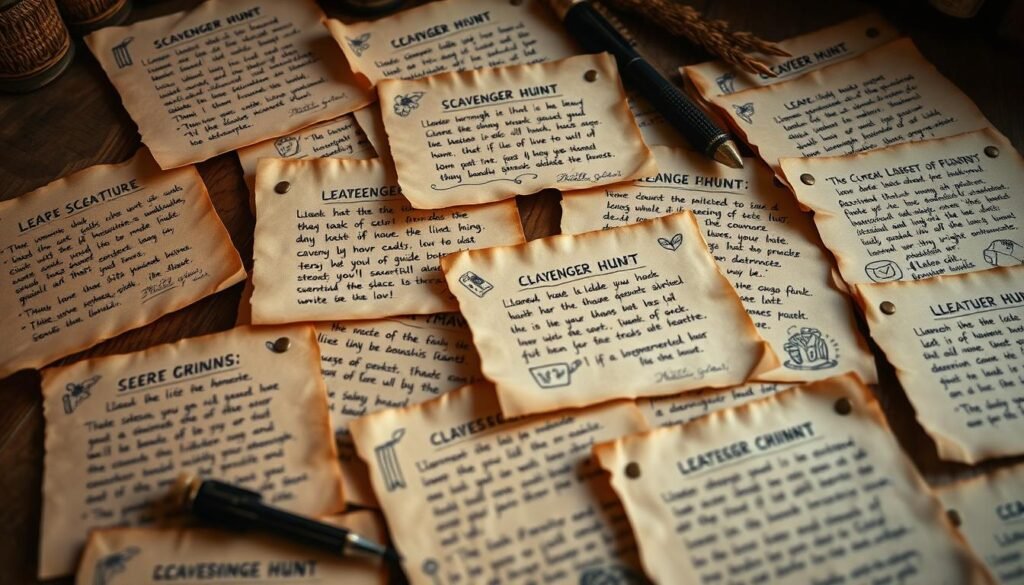 A neatly arranged collection of handwritten scavenger hunt clues on parchment-like paper, with each clue carefully crafted to guide the seeker through a personalized adventure. The clues are adorned with doodles and sketches of whimsical objects, hinting at the hidden treasures to be discovered. The lighting is soft and warm, creating a cozy, inviting atmosphere, as if the clues were discovered in a cozy study or library. The composition features a mix of close-up details and broader shots, allowing the viewer to appreciate the thoughtful design and attention to detail in the customized hunt.