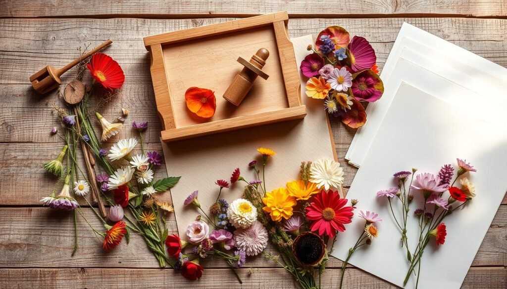 A neatly arranged collection of pressed flower materials, including a vintage-style wooden flower press, parchment paper, cardboard sheets, and a variety of pressed flowers in various stages of drying. The materials are laid out on a rustic wooden surface, with soft, natural lighting illuminating the scene. The colors of the pressed flowers create a stunning and delicate palette, complemented by the warm, earthy tones of the wooden elements. The overall composition conveys a sense of tranquility, creativity, and the serene beauty of the natural world.
