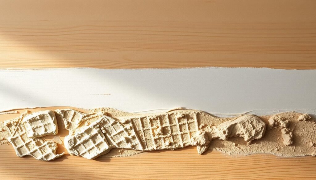 A neatly arranged comparison of texture techniques on a wooden surface, showcasing the distinct characteristics of joint compound and plaster. The foreground displays expertly applied textures, their intricate patterns and tactile qualities highlighted by dramatic, directional lighting from the left. The middle ground features smooth, seamless transitions between the two materials, inviting the viewer to explore their subtle differences. The background is a minimalist, off-white backdrop, allowing the textural elements to take center stage and emphasize their unique visual and sensory properties. Captured with a medium-format lens at a slight downward angle, this image offers a compelling, high-resolution exploration of the creative potential of these versatile, DIY painting materials.