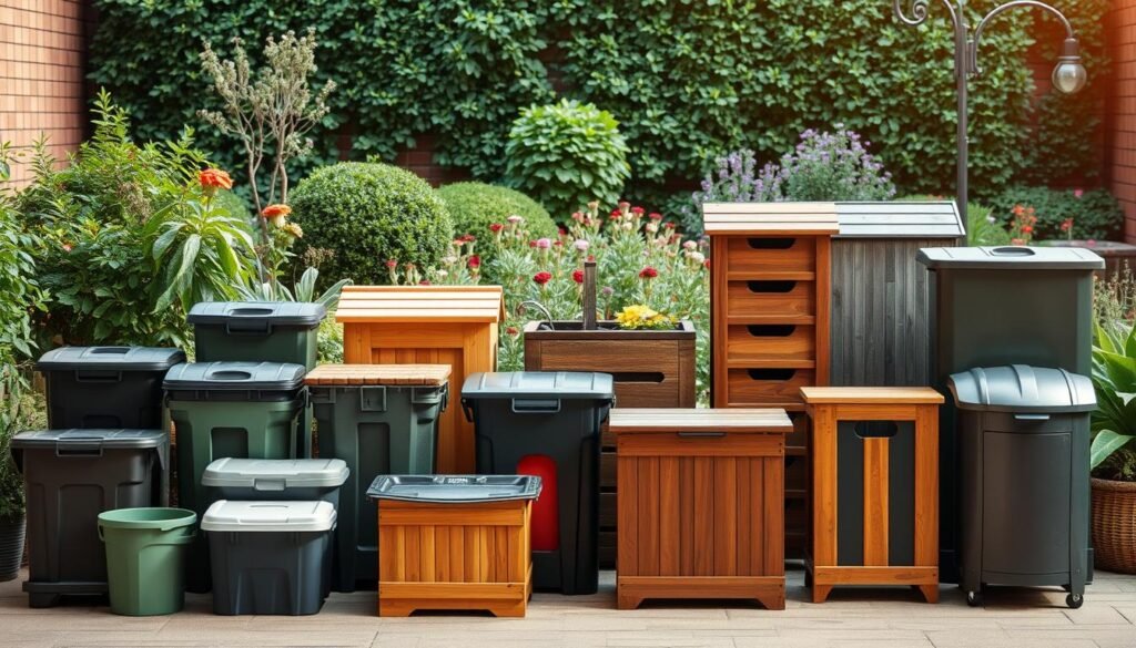 A neatly arranged display of various compost bin options, showcased in a warm, natural-lit setting. In the foreground, an array of different-sized compost bins, ranging from compact tabletop models to larger freestanding units, made of durable materials like recycled plastic, wood, and metal. The middle ground features a well-manicured garden backdrop, with lush greenery and flowers complementing the earthy tones of the bins. Soft, diffused lighting creates a welcoming atmosphere, highlighting the practical and sustainable nature of the compost bin selection. The overall composition conveys a sense of environmental consciousness and the joy of composting as part of a holistic, eco-friendly lifestyle.