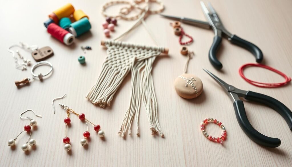 A neatly arranged flat lay of various DIY jewelry and accessory crafts on a light wooden surface. In the foreground, an assortment of finished pieces including delicate beaded earrings, a macrame wall hanging, and a clay pendant on a chain. In the middle ground, the crafting materials and tools are displayed - spools of colorful thread, polymer clay, beads, and jewelry-making pliers. The background features a soft, diffused natural lighting, highlighting the textures and colors of the handmade items. The overall mood is one of creativity, simplicity, and a sense of artisanal charm.