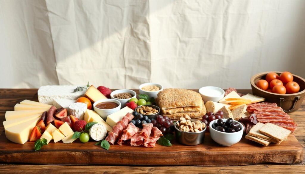 A neatly arranged grazing table setup, showcased on a rustic wooden surface. In the foreground, an assortment of artisanal cheeses, cured meats, fresh fruits, and crusty bread arranged in an aesthetically pleasing manner. The middle ground features various dipping sauces, nuts, and olives, all in small bowls or ramekins. In the background, a minimalist backdrop of linen or natural-colored fabric creates a calming, inviting atmosphere. Soft, natural lighting illuminates the scene, highlighting the textures and colors of the ingredients. The overall composition exudes a sense of effortless elegance, inspiring viewers to recreate this step-by-step grazing table setup for their own special occasions. A neatly arranged grazing table setup, showcased on a rustic wooden surface. In the foreground, an assortment of artisanal cheeses, cured meats, fresh fruits, and crusty bread arranged in an aesthetically pleasing manner. The middle ground features various dipping sauces, nuts, and olives, all in small bowls or ramekins. In the background, a minimalist backdrop of linen or natural-colored fabric creates a calming, inviting atmosphere. Soft, natural lighting illuminates the scene, highlighting the textures and colors of the ingredients. The overall composition exudes a sense of effortless elegance, inspiring viewers to recreate this step-by-step grazing table setup for their own special occasions.
