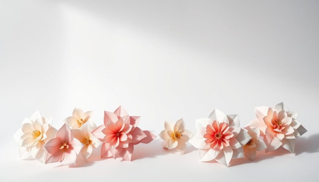 A neatly arranged set of delicate paper flowers in a tutorial-style composition. The foreground features an assortment of paper blooms in pastel hues, meticulously crafted with intricate folds and textures. The middle ground showcases a clean, minimalist background, allowing the flowers to take center stage. Soft, diffused lighting casts gentle shadows, emphasizing the three-dimensional quality of the paper art. The overall mood is one of tranquility and artistic elegance, perfectly suited to inspire creative paper crafting.