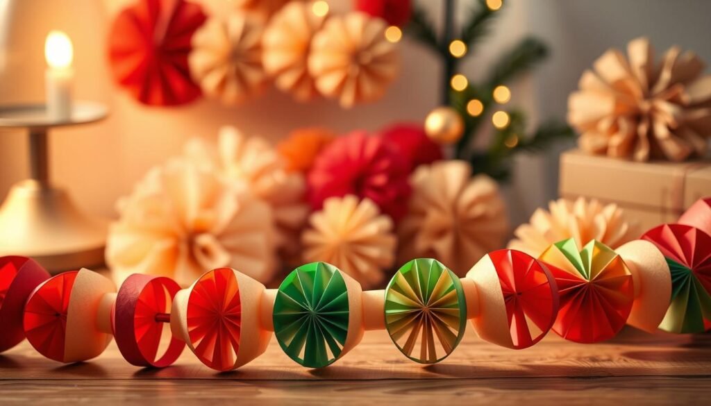 A neatly arranged set of paper garland tutorials, showcasing the step-by-step process of creating festive decorations. The foreground features a meticulously crafted paper chain, with each loop precisely formed and delicately colored in shades of red, green, and gold. The middle ground displays an array of pom-poms in matching hues, their fluffy textures inviting the viewer to imagine the soft, tactile experience of crafting them. The background sets a cozy, inviting atmosphere, with warm lighting casting a gentle glow over the scene, highlighting the intricate details and textures of the paper elements. The overall composition conveys a sense of holiday cheer and the satisfaction of handmade DIY projects.