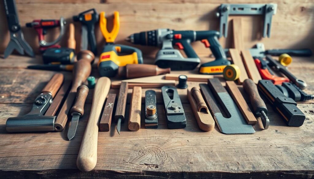 A neatly arranged still life of basic woodworking tools on a rustic wooden surface. In the foreground, a selection of hand tools such as a hammer, a chisel, a plane, and a hand saw. In the middle ground, power tools like a cordless drill, a jigsaw, and a sander. In the background, a set of clamps, a tape measure, and a square. The scene is illuminated by natural light, casting soft shadows and highlighting the textures of the wood and metal. The overall mood is one of simplicity, functionality, and the joy of DIY craftsmanship.
