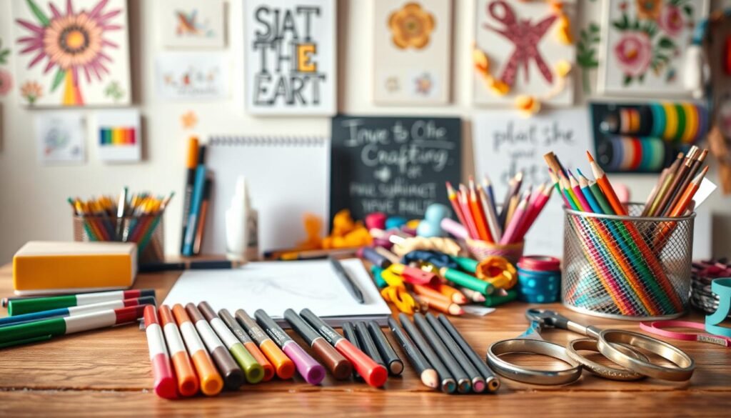 A neatly arranged still life of essential crafting supplies, bathed in warm, natural lighting and captured with a wide-angle lens. In the foreground, an array of vibrant markers, colored pencils, and a pair of sharp scissors rest upon a wooden table. In the middle ground, a sketchpad, a bottle of craft glue, and an assortment of colorful ribbons and threads add texture and depth. The background features a wall adorned with inspiring artwork, hinting at the creative possibilities that await the budding crafter. The overall scene exudes a sense of calm focus and the anticipation of a rewarding, hands-on experience.