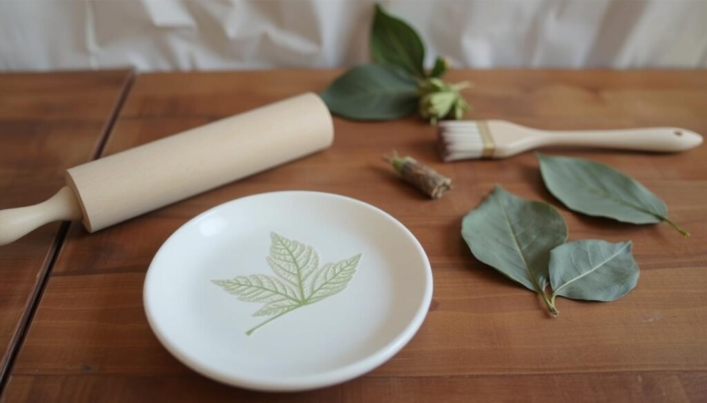 A neatly arranged still life on a wooden surface, showcasing a delicate leaf imprint tutorial. In the foreground, a smooth ceramic dish or saucer captures the intricate pattern of a fallen leaf, its veins and textures meticulously preserved. Beside it, an assortment of tools, such as a rolling pin, a soft-bristled brush, and a few leaves in various stages of preparation. The lighting is soft and diffused, accentuating the natural tones and textures of the materials. In the background, a neutral backdrop, perhaps a plain cloth or a wooden wall, allows the scene to stand out. The overall mood is one of quiet contemplation, inviting the viewer to explore the process of creating this elegant leaf-inspired craft.