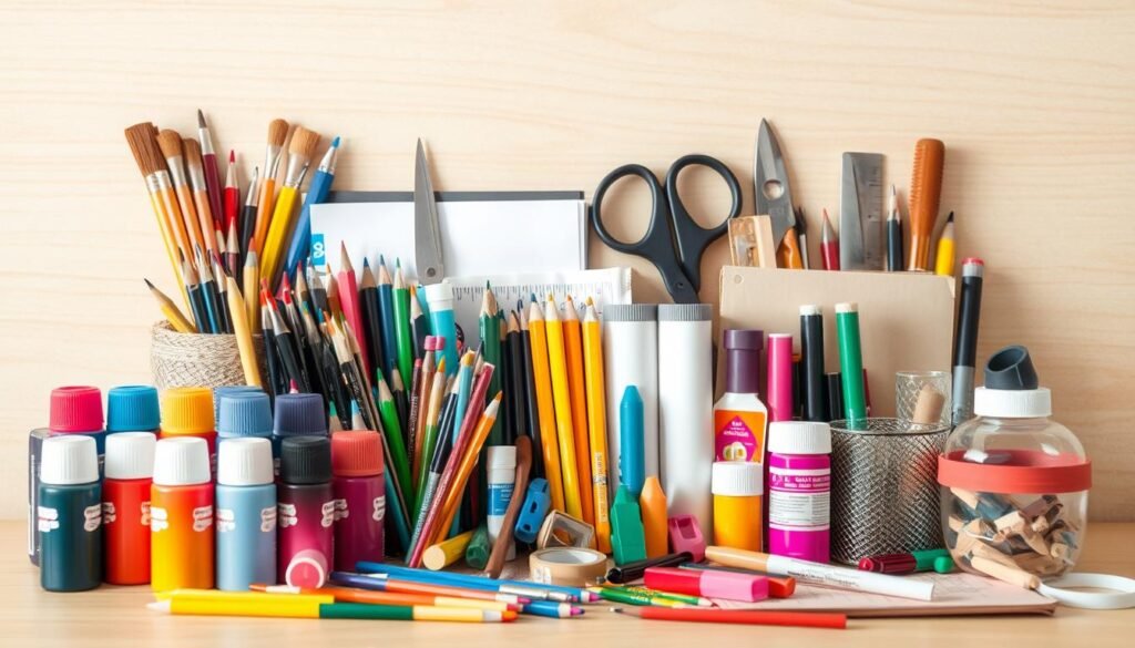 A neatly arranged still life scene of an assortment of affordable crafting supplies. In the foreground, a variety of colorful art supplies such as acrylic paints, paintbrushes, colored pencils, markers, and sketchpads. In the middle ground, a selection of basic crafting tools like scissors, glue sticks, tape, and a ruler. In the background, a soft, neutral-toned backdrop, perhaps a wooden table or countertop, creating a warm and inviting atmosphere. Diffused, natural lighting illuminates the scene, highlighting the texture and hues of the materials. The overall composition conveys a sense of accessibility, simplicity, and the potential for creative expression on a budget.