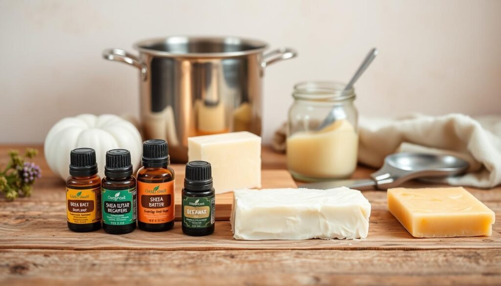 A neatly arranged still life scene of natural ingredients and DIY tools for making a homemade cleansing balm. In the foreground, a selection of essential oils, shea butter, and beeswax blocks are displayed on a rustic wooden surface. In the middle ground, a double boiler, a glass jar, and a small metal spatula create a sense of process and preparation. The background features a soft, neutral-toned backdrop, allowing the key elements to take center stage. The lighting is warm and natural, highlighting the textures and colors of the materials. The overall composition conveys a sense of simplicity, mindfulness, and the tactile pleasure of crafting your own skincare products.