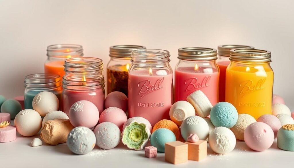 A neatly arranged still life showcasing an assortment of DIY mason jar candles and bath bombs. The jars are filled with colorful wax and topped with simple yet elegant lids, casting a warm, inviting glow. Surrounding the jars are various bath bombs in an array of shapes, sizes, and vibrant hues, including fizzy spheres and elegant truffles. The entire scene is set against a neutral background, allowing the handcrafted items to take center stage. Soft, diffused lighting illuminates the arrangement, highlighting the textures and details of the homemade creations. The overall mood is one of rustic charm and artisanal craftsmanship, perfectly capturing the essence of a DIY mason jar candles and bath bombs display.