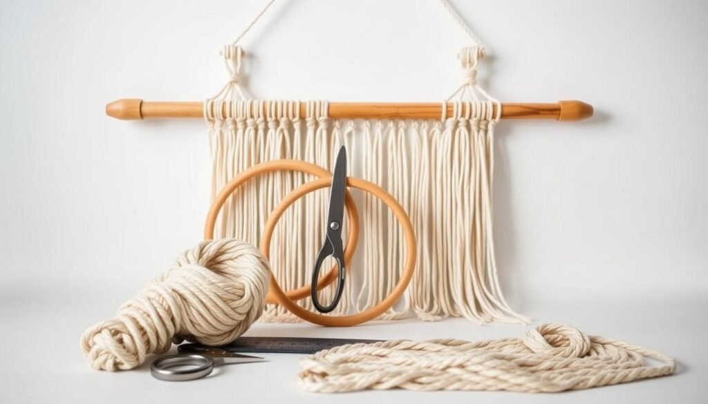 A neatly arranged still life showcasing the essential supplies for a DIY macrame wall hanging. In the foreground, a bundle of high-quality macrame cord in natural beige tones, arranged in an artful spiral. In the middle ground, a selection of macrame rings or hoops in various sizes, along with a pair of sharp, precision scissors. In the background, a wooden dowel or curtain rod, ready to be the frame for the finished piece. Soft, diffused lighting illuminates the scene, creating a warm, inviting atmosphere. The overall composition emphasizes the simplicity and versatility of the macrame craft, inviting the viewer to gather these basic supplies and embark on their own creative journey.