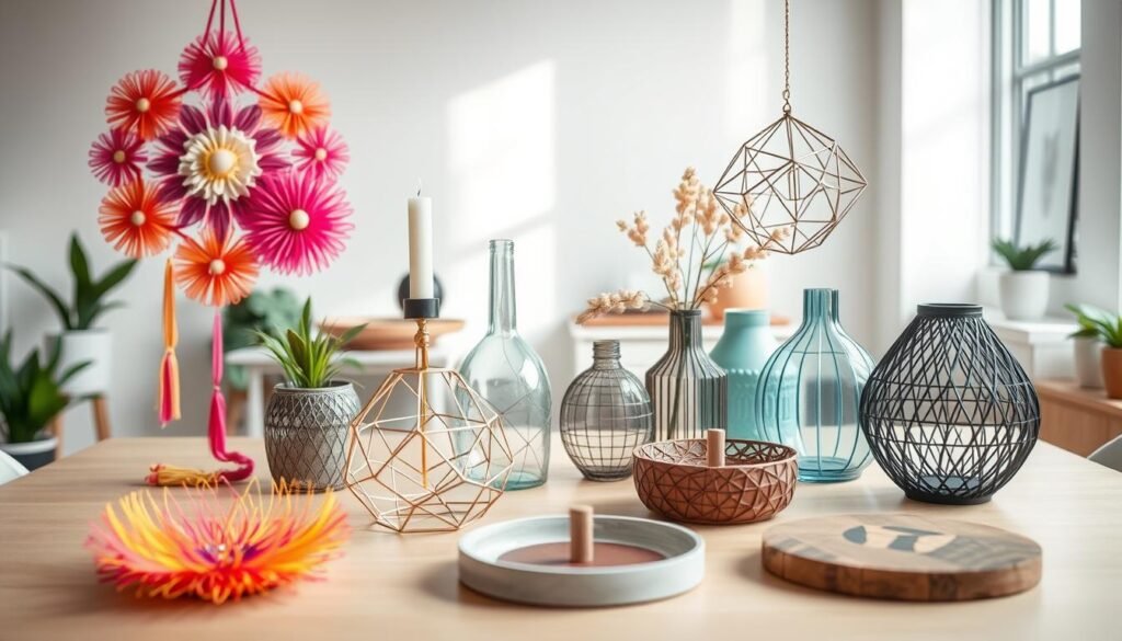A neatly arranged tabletop scene showcasing a variety of innovative hot glue projects for adults. In the foreground, intricate decorative pieces like 3D floral wall hangings and geometric candle holders crafted with vibrant hot glue strands. In the middle ground, a selection of stylish home decor items including vases, trinket trays, and coasters with unique hot glue textures and patterns. The background features a clean, well-lit studio setting with natural lighting filtering in, creating a bright, inspiring atmosphere for DIY crafting. The overall mood is one of creativity, practicality, and artistic expression through the versatile medium of hot glue.
