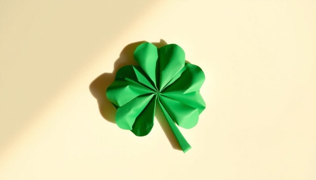 A neatly folded origami shamrock with crisp, vibrant green paper lies against a plain, light-colored background. The shamrock is highlighted by warm, natural lighting, casting subtle shadows that accentuate its three-dimensional form. The delicate folds and precise creases are visible, showcasing the intricate craftsmanship of the origami piece. The image has a serene, minimalist atmosphere, drawing the viewer's attention solely to the beautiful, intricate shamrock, ready to be used in a St. Patrick's Day craft tutorial.