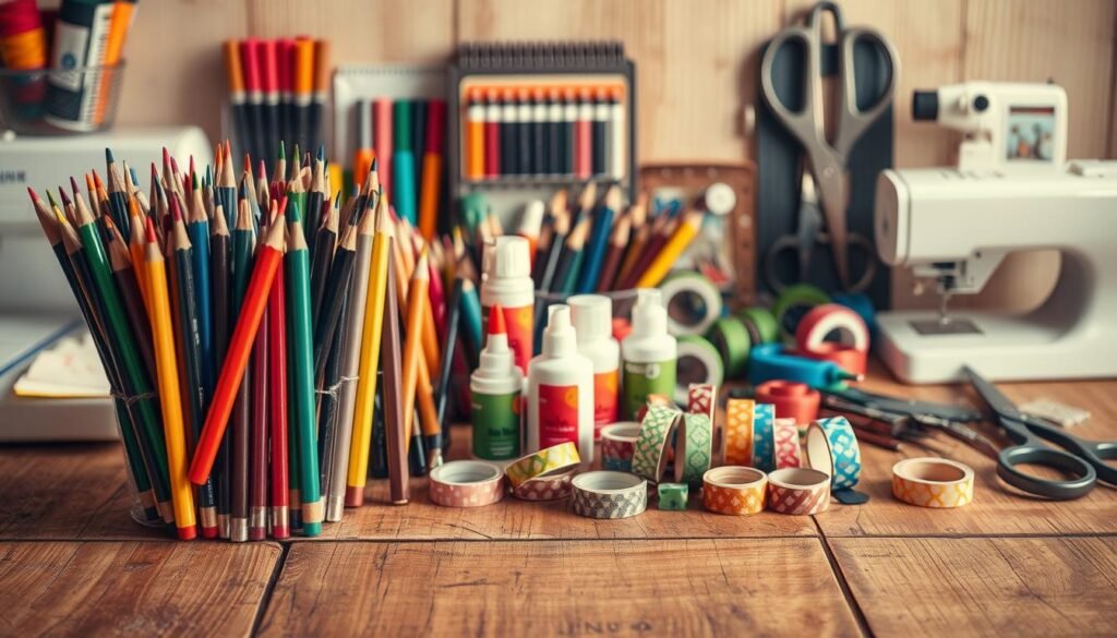 A neatly organized arrangement of essential craft supplies rests on a rustic wooden surface, bathed in warm, diffused lighting. In the foreground, an array of paintbrushes, colored pencils, and markers in a variety of hues stand at the ready. In the middle ground, scissors, glue sticks, and rolls of colorful washi tape are carefully displayed. In the background, a sewing kit, spools of thread, and a pair of sewing shears add depth and texture to the scene. The overall mood is one of creativity, inspiration, and the promise of endless DIY possibilities.