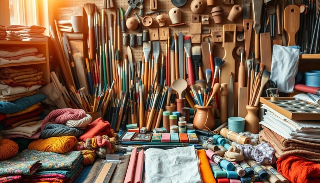 A neatly organized array of diverse craft materials and tools, bathed in warm, natural lighting. In the foreground, an assortment of colorful fabrics, skeins of yarn, and sewing notions. In the middle ground, an array of paintbrushes, palette knives, and acrylic paints in a range of hues. In the background, a collection of wooden blocks, clay tools, and metalworking implements. The scene conveys a sense of creative potential, with each item beckoning the viewer to imagine the crafts that could be created. The overall atmosphere is one of focus, inspiration, and the promise of handmade success.