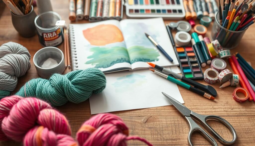 A neatly organized assortment of craft supplies for adults, arranged on a wooden table with natural lighting. In the foreground, vibrant skeins of yarn, a pair of knitting needles, and a pair of scissors with a metallic sheen. In the middle ground, an open sketchbook showcases a half-finished watercolor painting, surrounded by paintbrushes, palette knives, and a set of high-quality acrylic paints. In the background, a collection of decorative washi tapes, glue sticks, and colorful markers create a visually stimulating and inspiring scene. The overall mood is one of creativity, focus, and the joy of crafting.