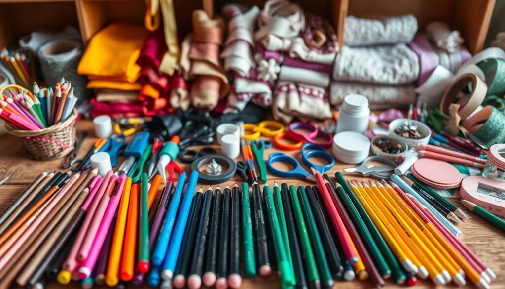 A neatly organized collection of craft supplies and tools arranged on a wooden table. In the foreground, an assortment of vibrant colored markers, pencils, and pens in various sizes. In the middle ground, scissors, glue sticks, tape, and other essential tools for DIY projects. In the background, a variety of textured fabrics, ribbons, and trimmings in a range of hues. Warm, natural lighting casts a soft glow across the scene, creating a cozy, inviting atmosphere perfect for inspiring a new creative endeavor. A neatly organized collection of craft supplies and tools arranged on a wooden table. In the foreground, an assortment of vibrant colored markers, pencils, and pens in various sizes. In the middle ground, scissors, glue sticks, tape, and other essential tools for DIY projects. In the background, a variety of textured fabrics, ribbons, and trimmings in a range of hues. Warm, natural lighting casts a soft glow across the scene, creating a cozy, inviting atmosphere perfect for inspiring a new creative endeavor.