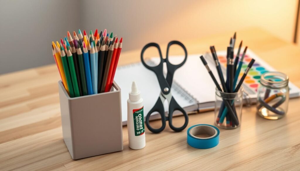 A neatly organized collection of essential crafting supplies sits atop a clean, wooden surface. In the foreground, an array of vibrant markers, colored pencils, and fine-tipped pens stand upright in a sleek, minimalist holder. In the middle ground, a pair of sharp scissors, a high-quality glue stick, and a roll of double-sided tape create a cohesive arrangement. In the background, a sketchpad, a set of watercolor paints, and a small jar of brushes suggest a versatile creative toolkit. Soft, warm lighting from an unseen source casts a gentle glow, highlighting the textures and colors of the carefully curated supplies. The overall scene conveys a sense of order, inspiration, and anticipation for the crafting projects to come.