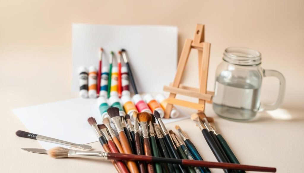 A neatly organized collection of essential painting supplies against a soft, neutral background. In the foreground, a set of high-quality brushes in various sizes and shapes, their bristles clean and vibrant. Beside them, a palette knife and a small, wooden easel stand ready. In the middle ground, a collection of paint tubes in a rainbow of colors, their caps unscrewed, inviting the viewer to create. In the background, a few sheets of crisp, white drawing paper and a glass jar filled with clear water, reflecting the warm, natural lighting that bathes the scene. The overall atmosphere conveys a sense of simplicity, creativity, and the excitement of embarking on a new artistic journey.