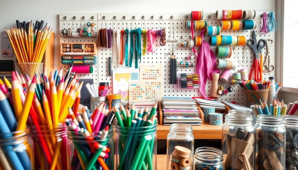 A neatly organized craft supply station with vibrant colors and various textures. In the foreground, an array of paintbrushes, markers, and colored pencils are arranged in glass jars, creating a visually appealing display. In the middle ground, a wooden table holds an assortment of scrapbooking paper, washi tape, and embellishments, all carefully sorted and accessible. The background features a wall-mounted pegboard with hooks and shelves, showcasing spools of thread, ribbons, and an array of craft tools. The lighting is soft and natural, casting a warm glow over the scene, conveying a sense of creativity and inspiration. The overall atmosphere is one of order and organization, inviting the viewer to dive into a world of playful, adult-oriented DIY projects.