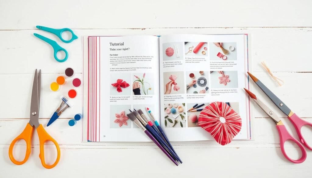A neatly organized craft tutorial spread, shot with a crisp, clean lens in soft, natural lighting. In the foreground, an array of colorful craft supplies - scissors, paints, brushes, and a handmade project in progress. The middle ground showcases step-by-step instructions, each image clear and detailed, guiding the viewer through the creative process. The background features a minimalist, white-washed wooden surface, providing a simple, uncluttered setting to let the tutorial elements shine. The overall mood is one of approachable, inspiring DIY, inviting the viewer to dive into the project and bring their vision to life. A neatly organized craft tutorial spread, shot with a crisp, clean lens in soft, natural lighting. In the foreground, an array of colorful craft supplies - scissors, paints, brushes, and a handmade project in progress. The middle ground showcases step-by-step instructions, each image clear and detailed, guiding the viewer through the creative process. The background features a minimalist, white-washed wooden surface, providing a simple, uncluttered setting to let the tutorial elements shine. The overall mood is one of approachable, inspiring DIY, inviting the viewer to dive into the project and bring their vision to life.