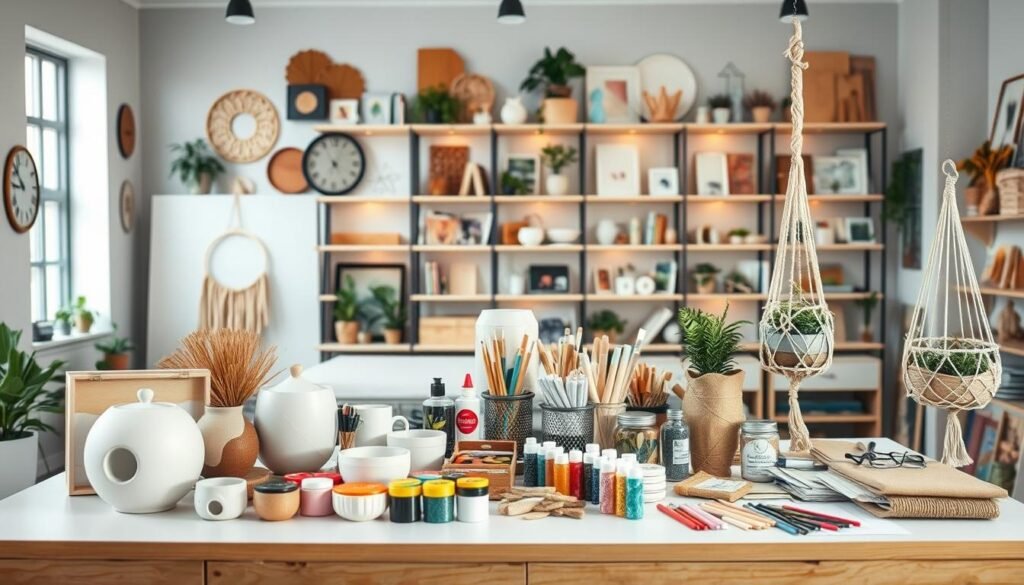 A neatly organized crafting table in a bright, well-lit studio, overflowing with an array of adult DIY projects. In the foreground, a selection of chic, modern decor pieces - minimalist wall hangings, abstract ceramic planters, and intricate macrame plant holders. In the middle ground, various craft supplies like colorful paints, glitters, and artisanal papers. The background showcases inspiring shelves lined with finished DIY creations, casting a warm, inviting glow. The overall scene radiates a sense of creativity, sophistication, and a touch of whimsy, perfectly capturing the essence of "Creative Crafts For Adults Diy Ideas".