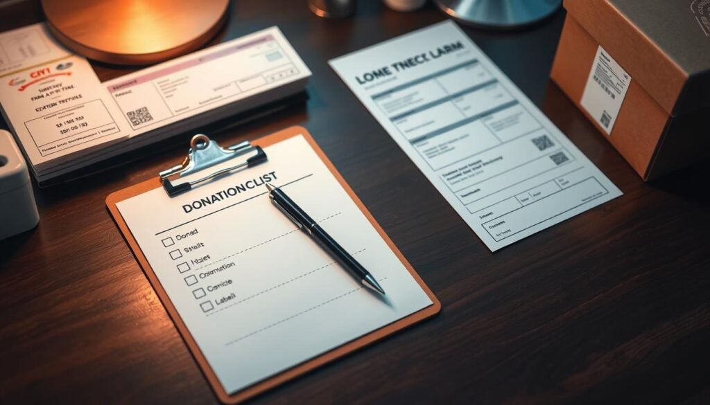 A neatly organized desk with a checklist on a clipboard, a pen, and various donation-related items such as a donation receipt form, a shipping label, and a box for packing. The scene is well-lit, with a soft, warm lighting creating a welcoming atmosphere. The items are arranged in a visually appealing and practical manner, reflecting the care and attention to detail in the donation preparation process. The overall mood is one of efficiency, organization, and a sense of purpose in supporting a worthy cause.