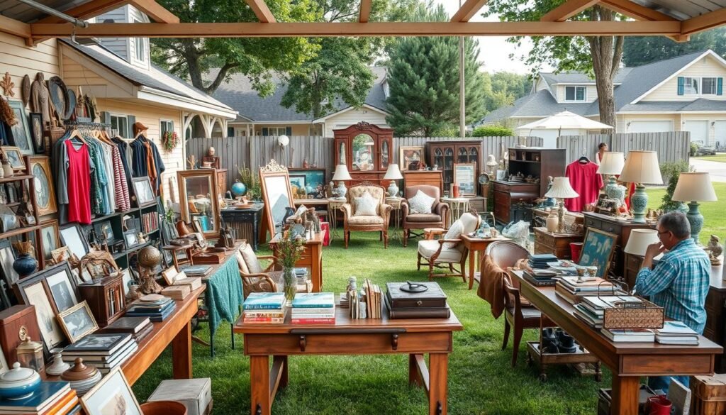 A neatly organized garage sale setup with an array of pre-loved items displayed on sturdy wooden tables under a warm, inviting natural light. The foreground features carefully curated merchandise such as vintage knick-knacks, books, and clothing arranged in visually appealing vignettes. The middle ground showcases a mix of larger furniture pieces and household accessories strategically placed to draw the eye. In the background, a picturesque suburban neighborhood serves as the backdrop, hinting at the successful community engagement. The overall atmosphere exudes a sense of order, attention to detail, and the promise of discovering hidden treasures, creating an enticing scene for potential buyers.